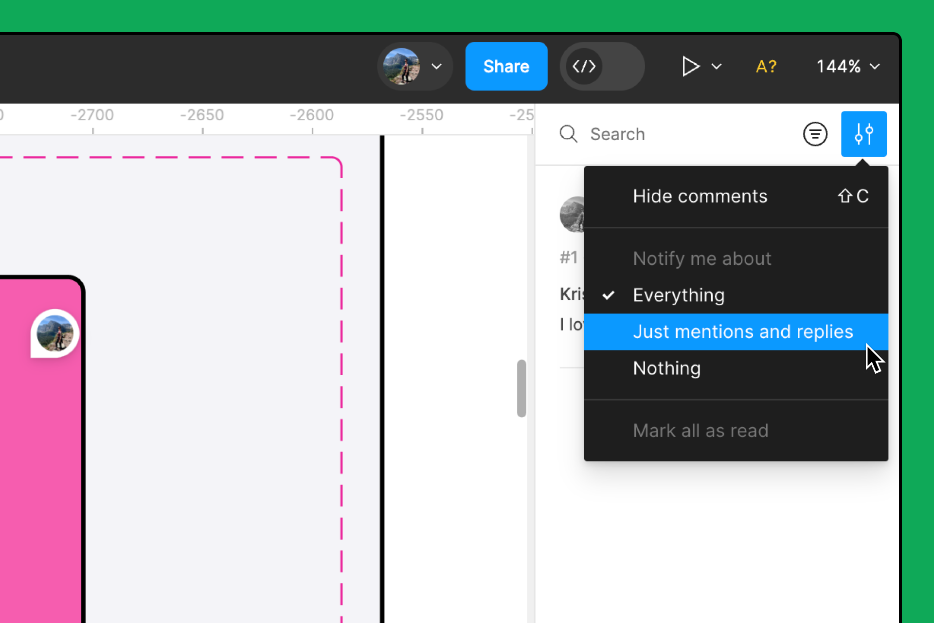 El menú desplegable de configuración de comentarios en la barra lateral derecha de Figma Design. Un cursor se sitúa sobre la opción Solo menciones y respuestas.