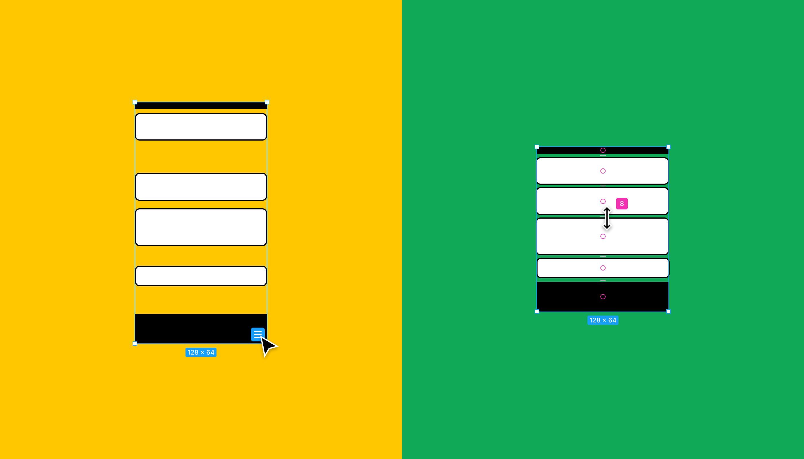 Ilustración que muestra la alineación y distribución de capas antes y después de usar Ordenar en una selección vertical