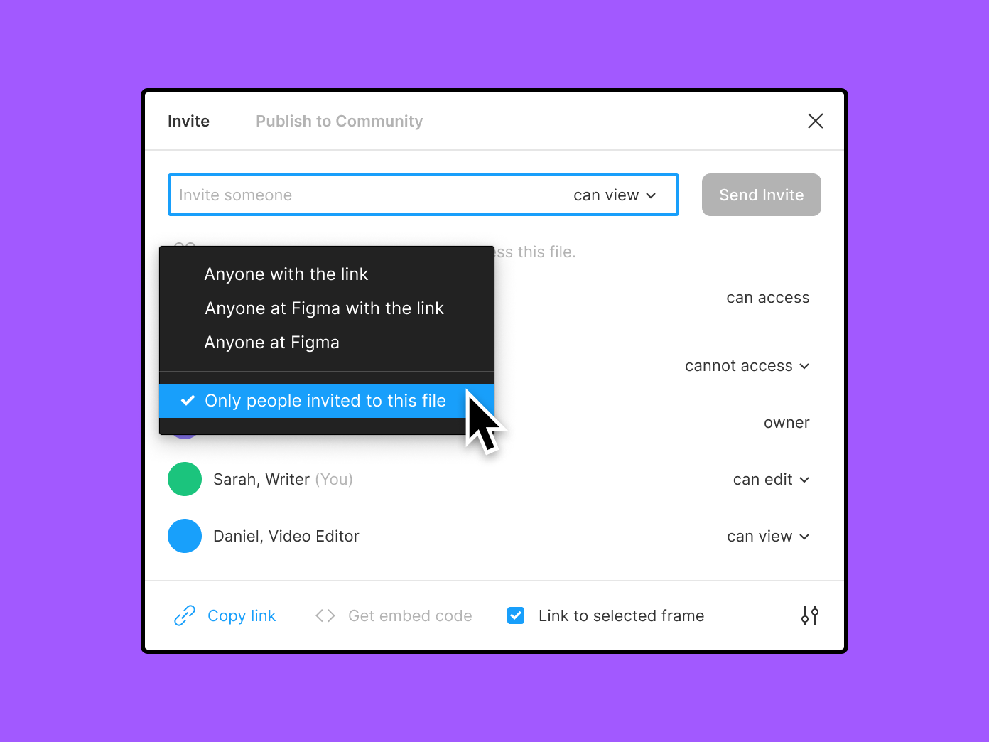 Modal de compartilhamento em um arquivo da organização, mostrando a configuração de compartilhamento de links com a opção Somente pessoas convidadas para este arquivo destacada.
