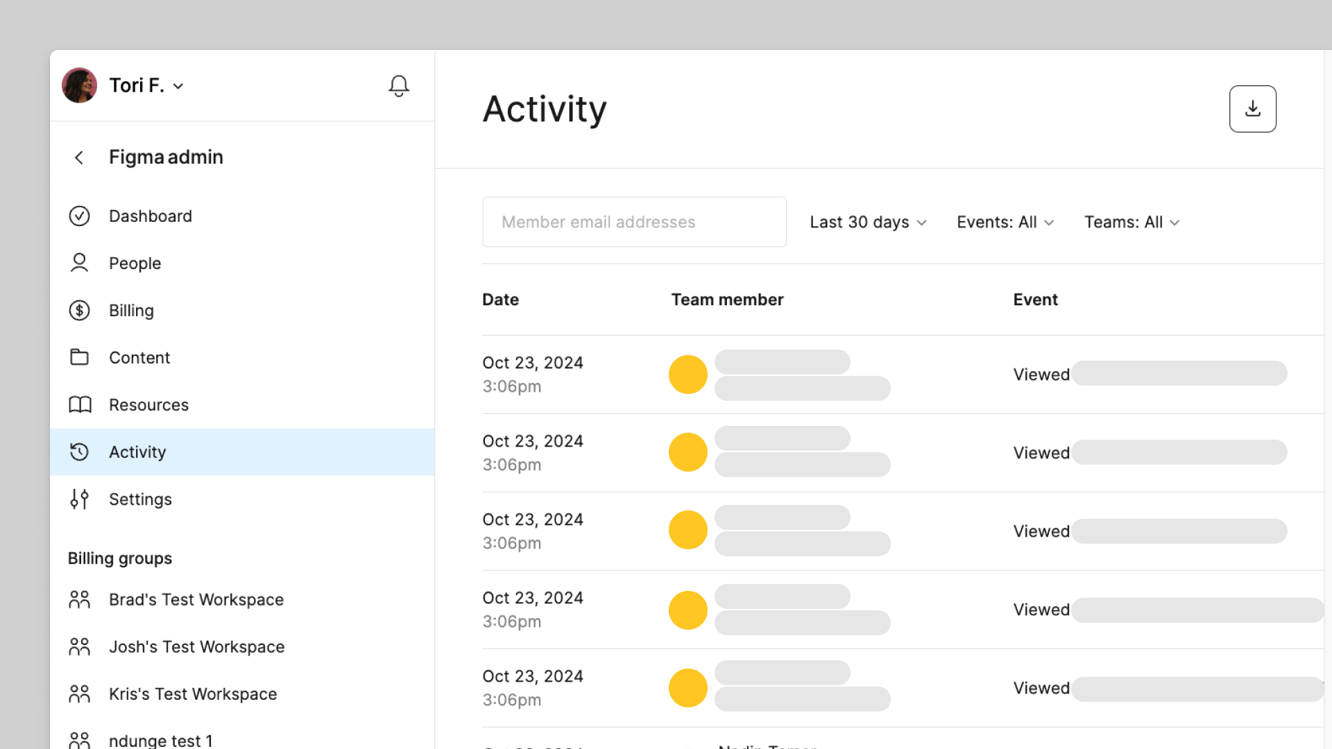 La pestaña «Actividad» del administrador de Figma muestra la actividad de los usuarios, como, por ejemplo, cuándo visualizaron los archivos.