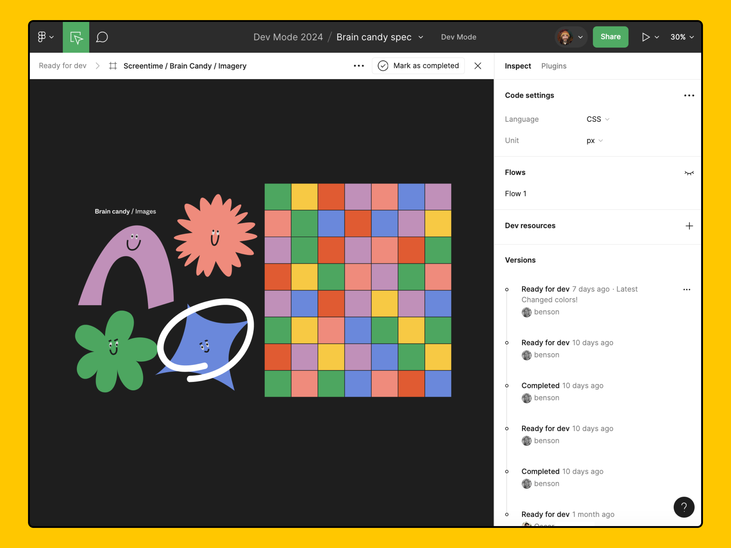 La vista enfocada en Dev Mode delimita la interfaz a una sección, marco o componente específico que está listo para desarrollo.
