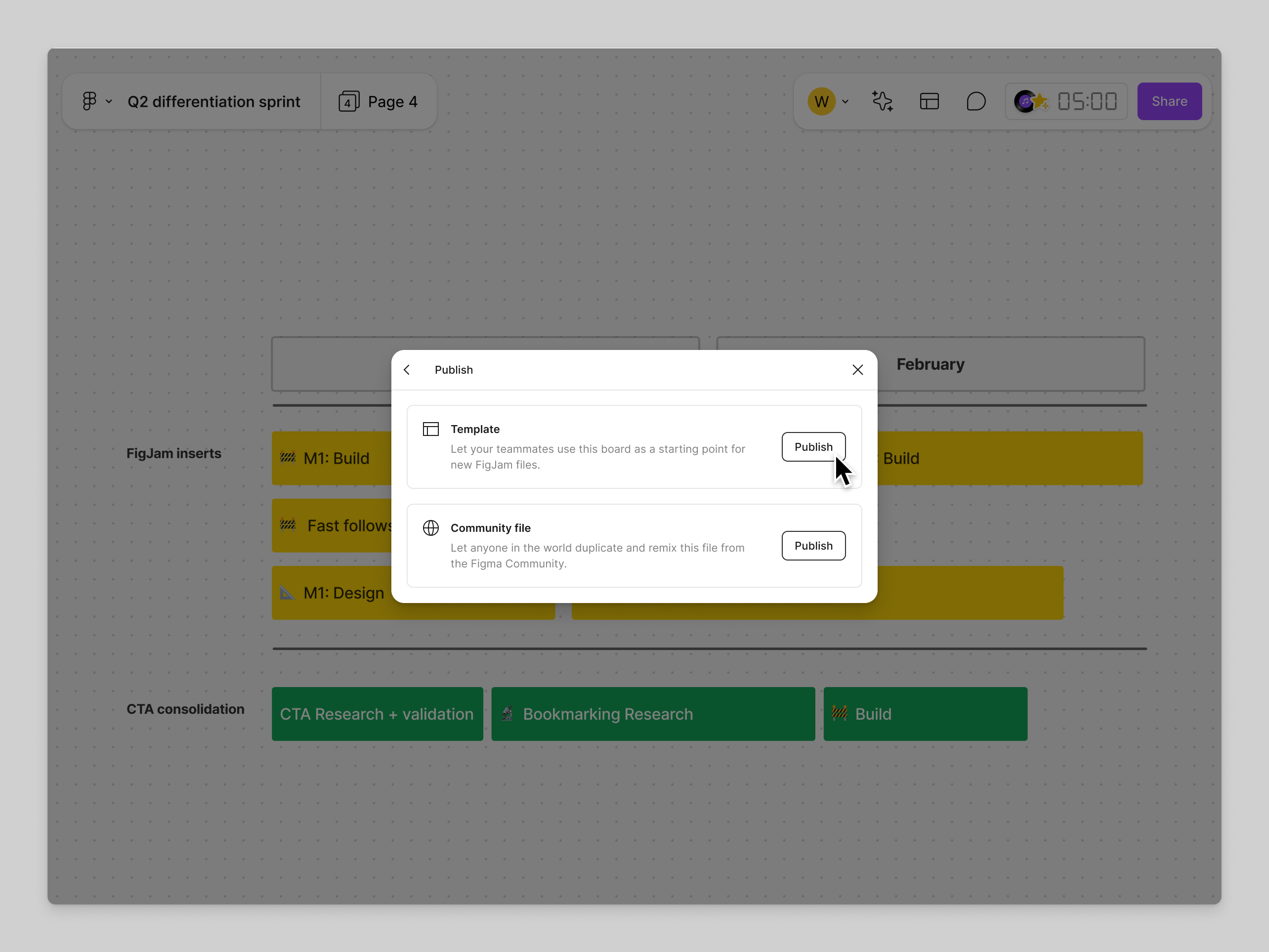 Publish screen of the Share modal