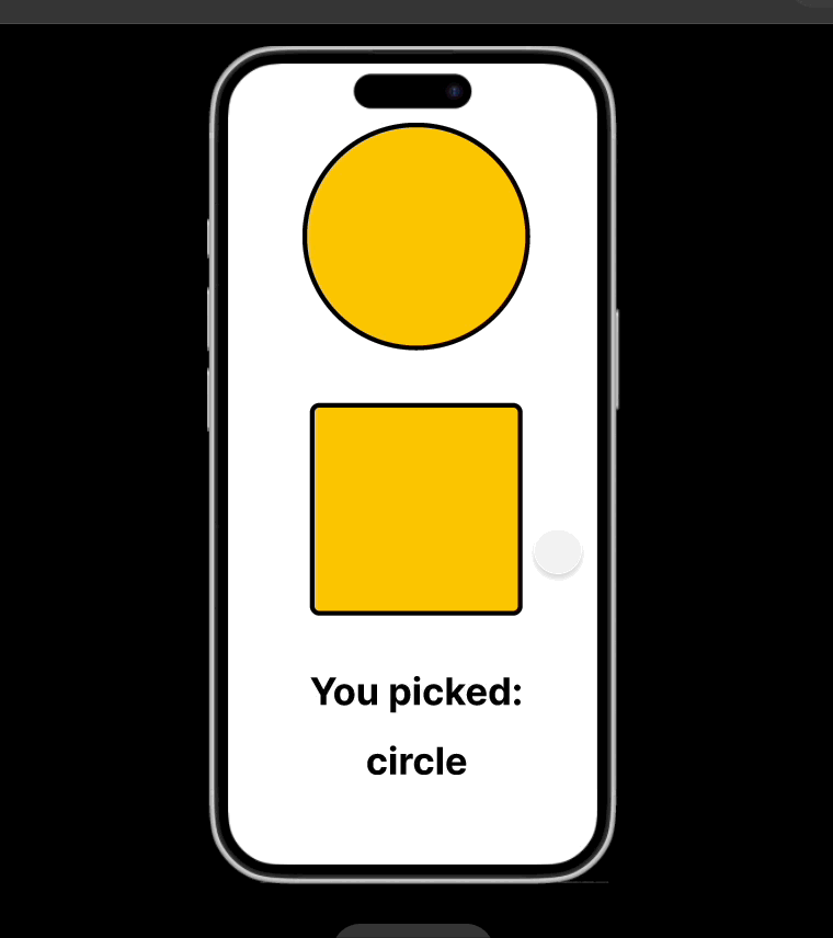 Het prototype wordt afgespeeld. Wanneer het ellipsobject is geselecteerd, wordt de onderste tekstlaag bijgewerkt naar een cirkel. Wanneer het vierkante object is geselecteerd, wordt de onderste tekstlaag bijgewerkt naar vierkant.
