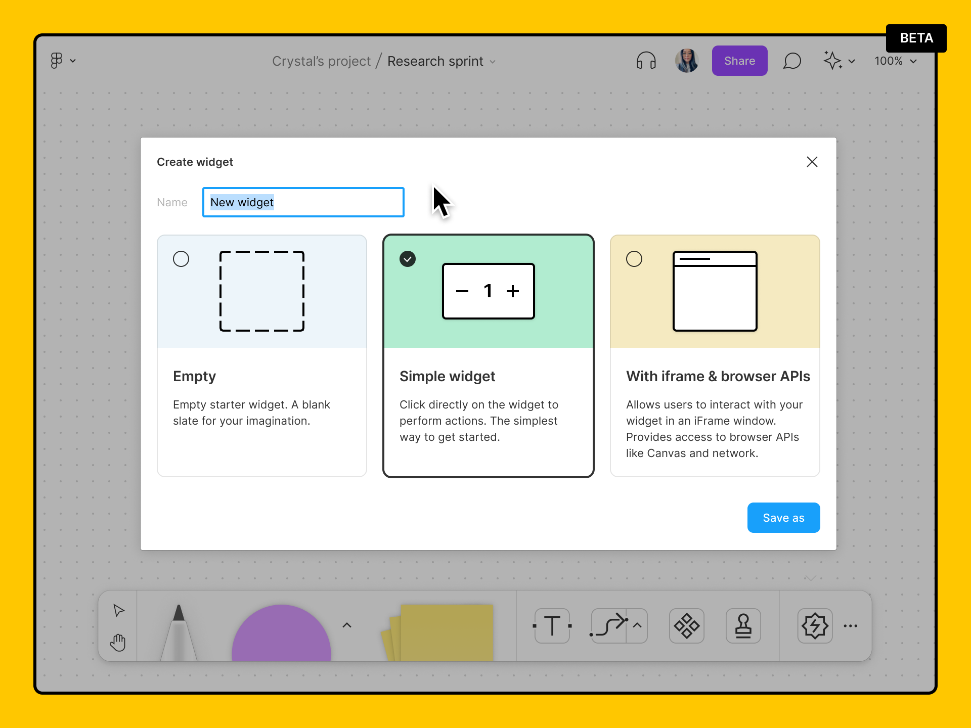 Modal open to name your widget and select a template to create your widget.